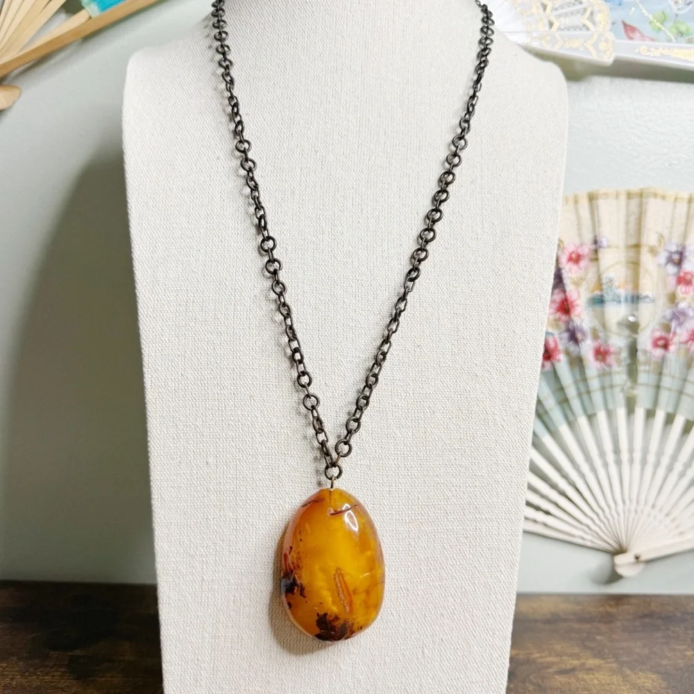 Baltic Amber Free Form Pendant Necklace Butterscotch Honey Antiqued Chain 26” - Picture 2 of 16